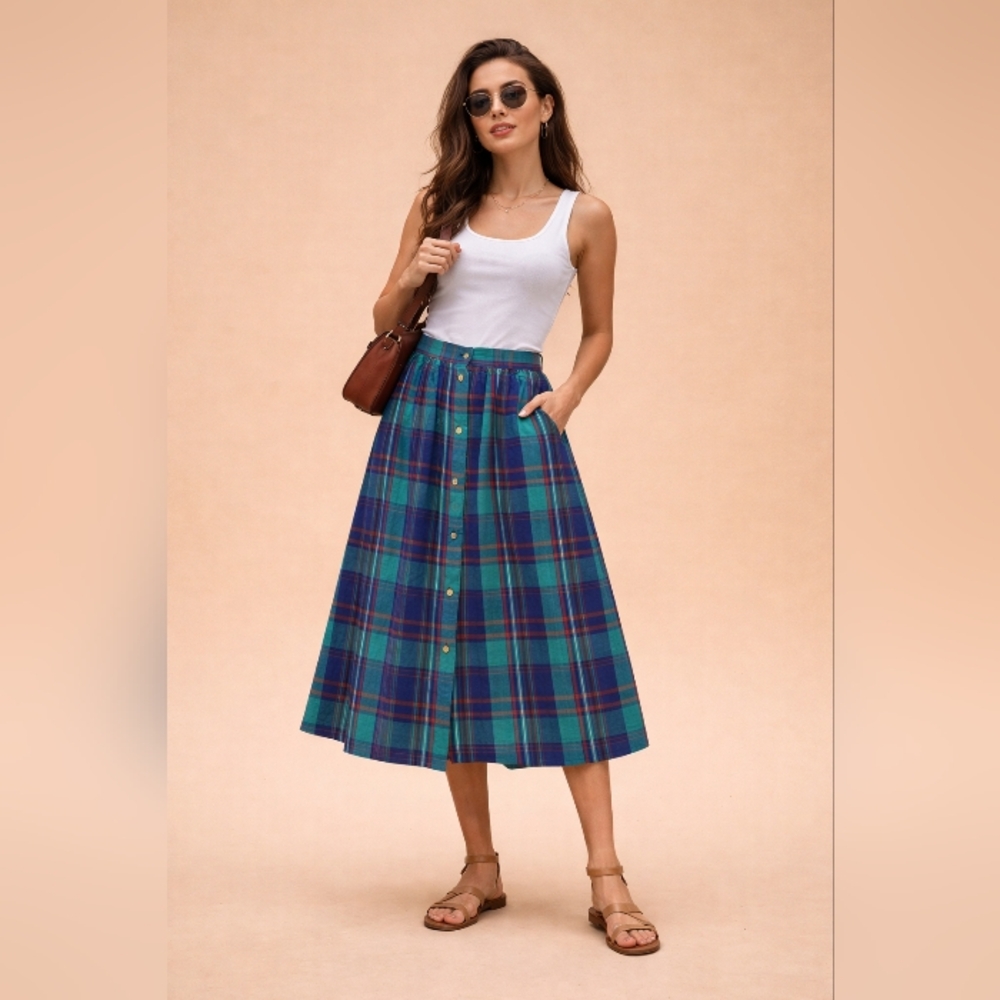 Outback Red 100% Cotton Plaid Midi Skirt Button Front Cottagecore